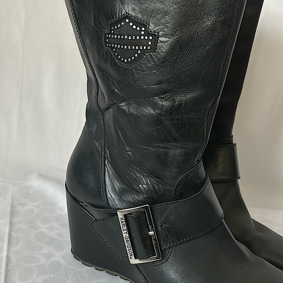 Harley-Davidson Sexy Black Leather Wedge Heel Moto Boots Shoes **Size 8**🔥🔥 - Picture 4 of 10
